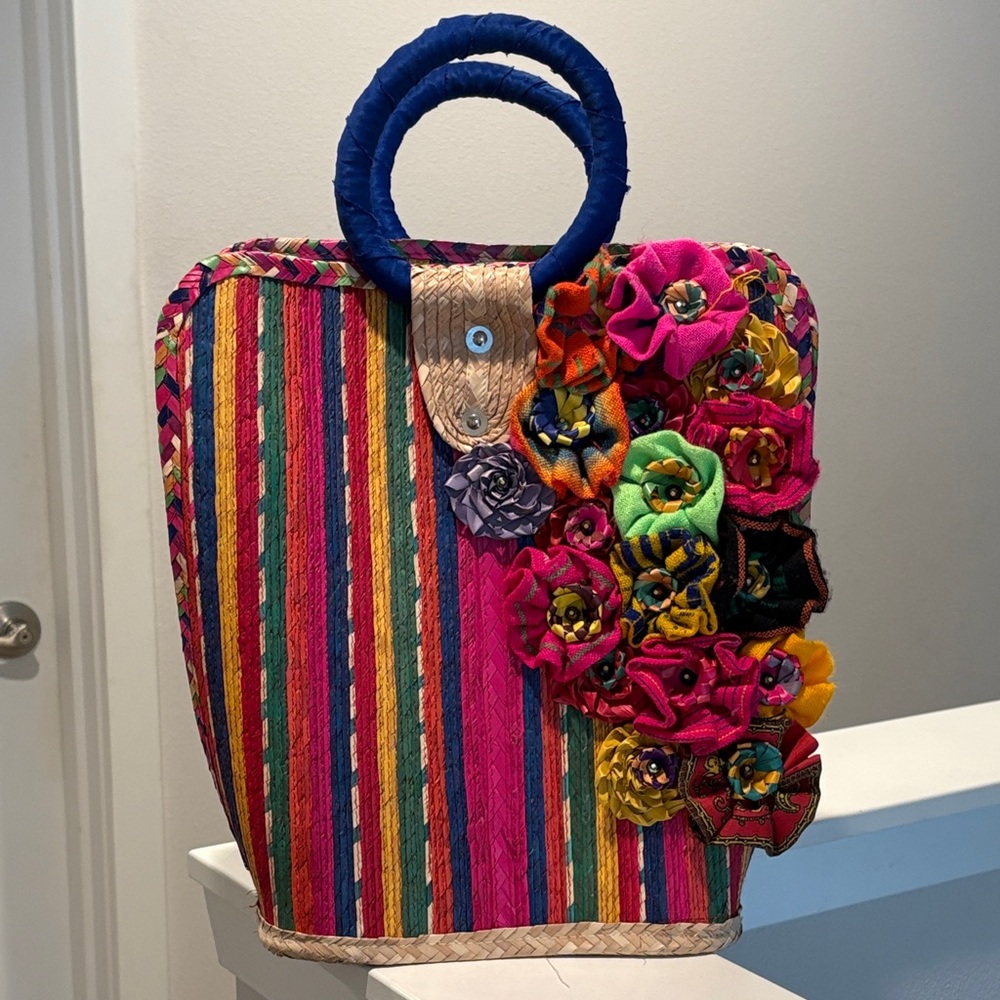Mexican Multicolor Striped Straw Tote with Colorful Floral Appliqué